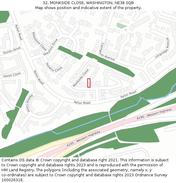 32, MONKSIDE CLOSE, WASHINGTON, NE38 0QB: Location map and indicative extent of plot