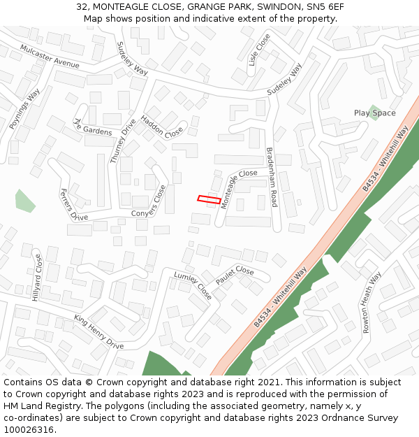 32, MONTEAGLE CLOSE, GRANGE PARK, SWINDON, SN5 6EF: Location map and indicative extent of plot