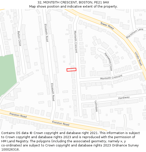 32, MONTEITH CRESCENT, BOSTON, PE21 9AX: Location map and indicative extent of plot