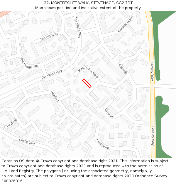 32, MONTFITCHET WALK, STEVENAGE, SG2 7DT: Location map and indicative extent of plot