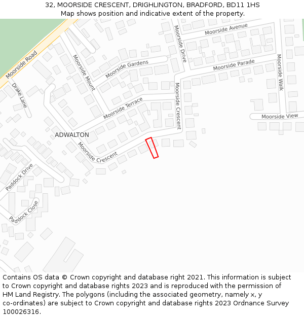 32, MOORSIDE CRESCENT, DRIGHLINGTON, BRADFORD, BD11 1HS: Location map and indicative extent of plot