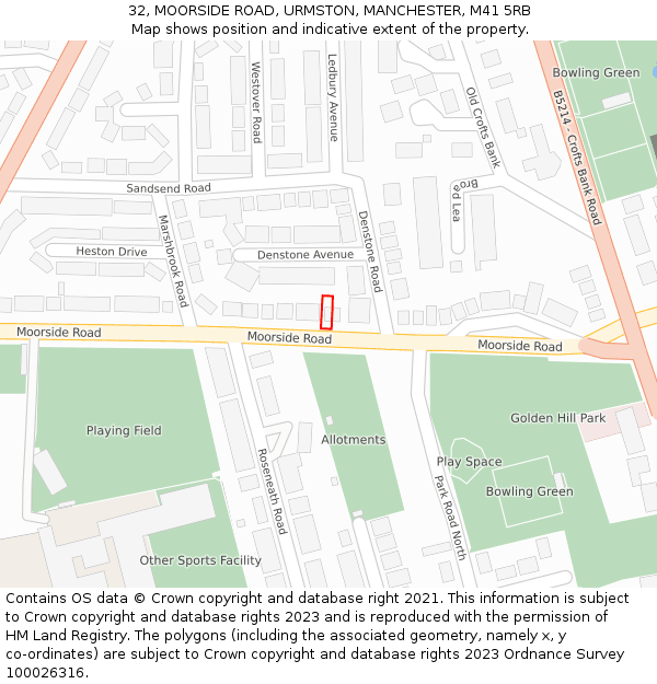 32, MOORSIDE ROAD, URMSTON, MANCHESTER, M41 5RB: Location map and indicative extent of plot