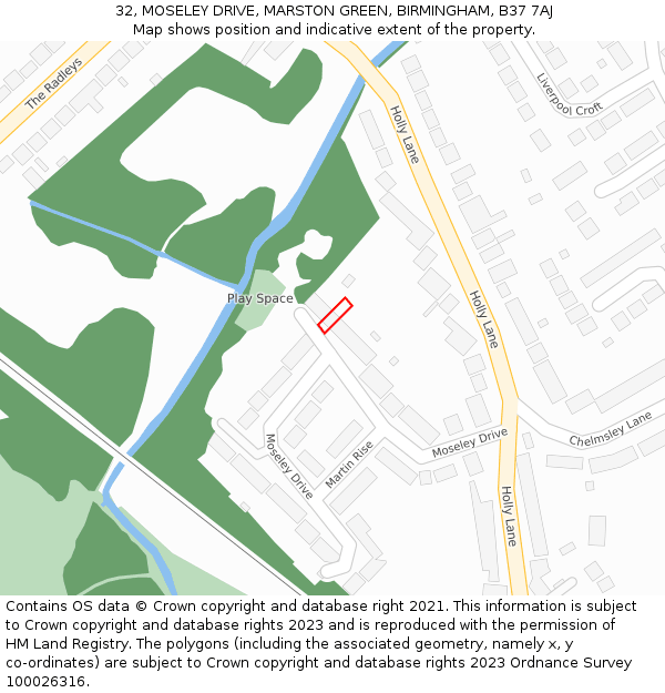 32, MOSELEY DRIVE, MARSTON GREEN, BIRMINGHAM, B37 7AJ: Location map and indicative extent of plot