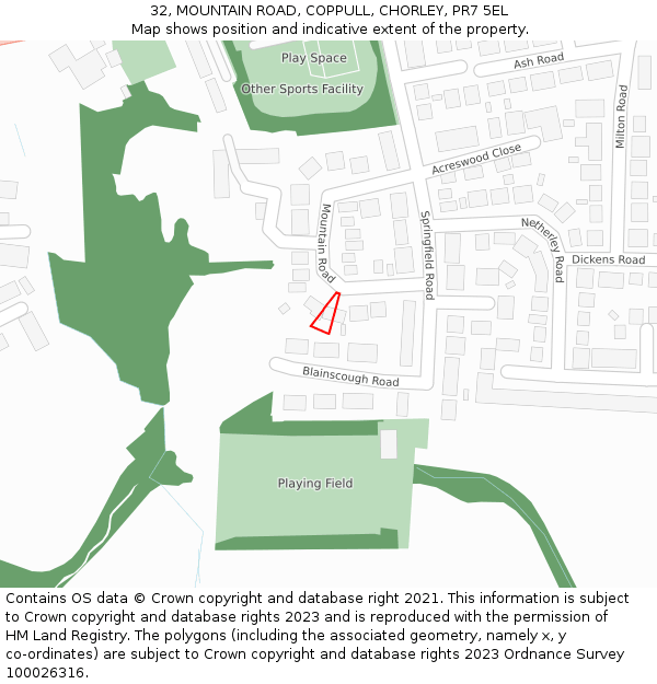 32, MOUNTAIN ROAD, COPPULL, CHORLEY, PR7 5EL: Location map and indicative extent of plot