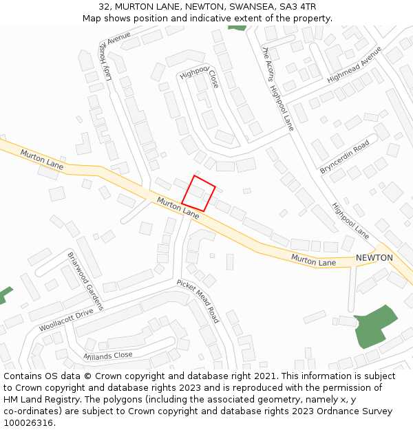 32, MURTON LANE, NEWTON, SWANSEA, SA3 4TR: Location map and indicative extent of plot