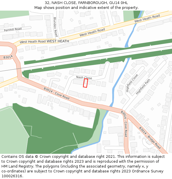 32, NASH CLOSE, FARNBOROUGH, GU14 0HL: Location map and indicative extent of plot