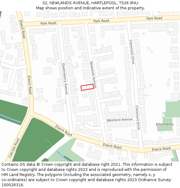 32, NEWLANDS AVENUE, HARTLEPOOL, TS26 9NU: Location map and indicative extent of plot