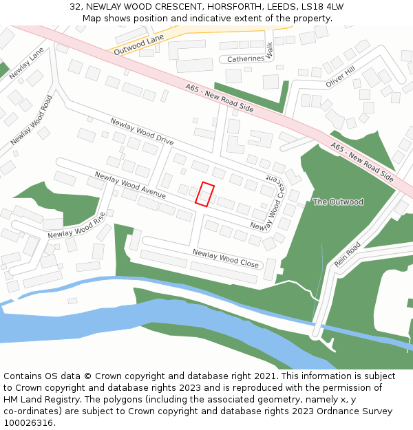 32, NEWLAY WOOD CRESCENT, HORSFORTH, LEEDS, LS18 4LW: Location map and indicative extent of plot