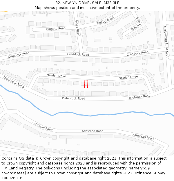 32, NEWLYN DRIVE, SALE, M33 3LE: Location map and indicative extent of plot