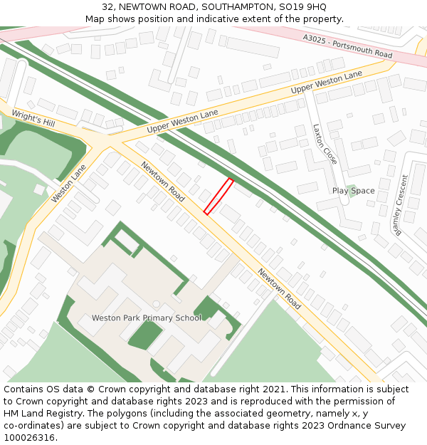 32, NEWTOWN ROAD, SOUTHAMPTON, SO19 9HQ: Location map and indicative extent of plot