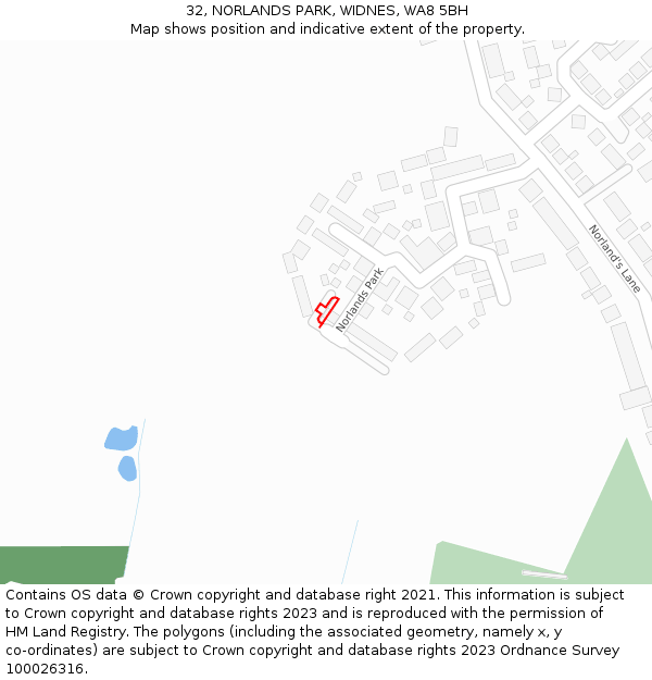 32, NORLANDS PARK, WIDNES, WA8 5BH: Location map and indicative extent of plot