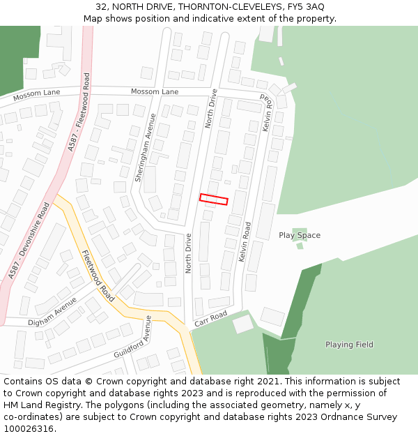 32, NORTH DRIVE, THORNTON-CLEVELEYS, FY5 3AQ: Location map and indicative extent of plot