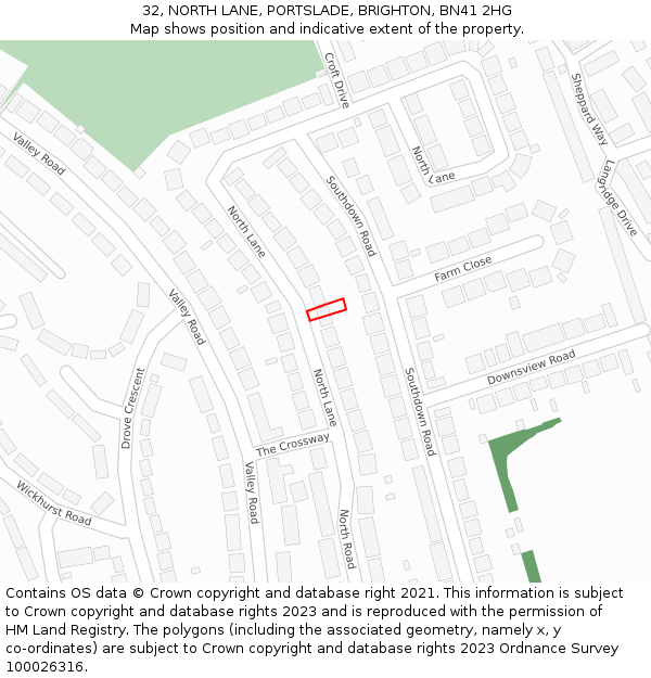 32, NORTH LANE, PORTSLADE, BRIGHTON, BN41 2HG: Location map and indicative extent of plot