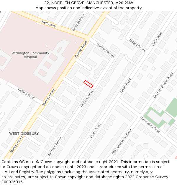 32, NORTHEN GROVE, MANCHESTER, M20 2NW: Location map and indicative extent of plot