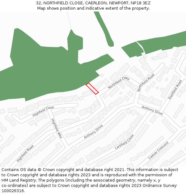 32, NORTHFIELD CLOSE, CAERLEON, NEWPORT, NP18 3EZ: Location map and indicative extent of plot