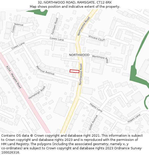 32, NORTHWOOD ROAD, RAMSGATE, CT12 6RX: Location map and indicative extent of plot