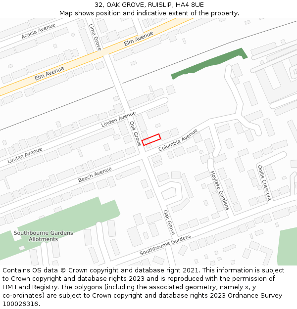 32, OAK GROVE, RUISLIP, HA4 8UE: Location map and indicative extent of plot