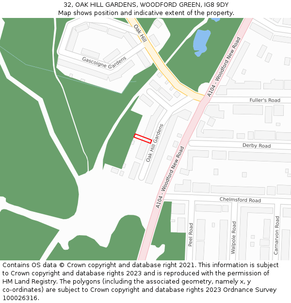 32, OAK HILL GARDENS, WOODFORD GREEN, IG8 9DY: Location map and indicative extent of plot