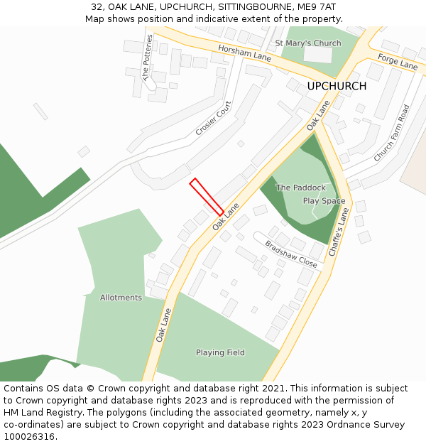 32, OAK LANE, UPCHURCH, SITTINGBOURNE, ME9 7AT: Location map and indicative extent of plot