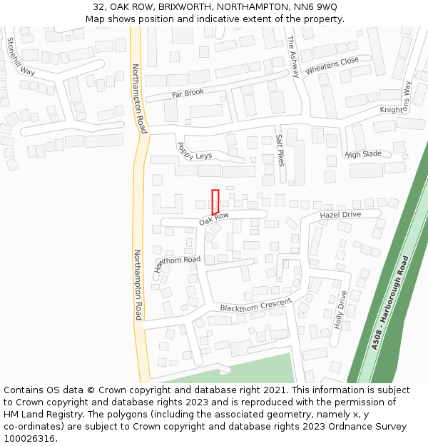 32, OAK ROW, BRIXWORTH, NORTHAMPTON, NN6 9WQ: Location map and indicative extent of plot