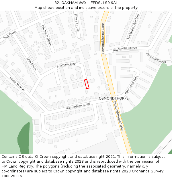 32, OAKHAM WAY, LEEDS, LS9 9AL: Location map and indicative extent of plot
