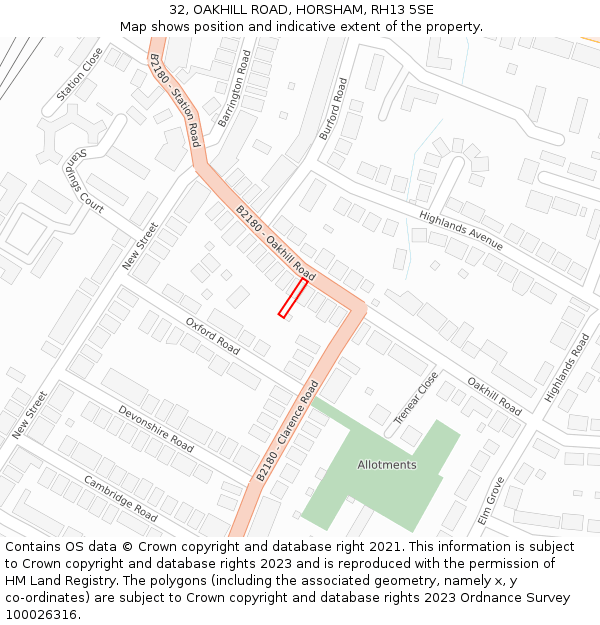 32, OAKHILL ROAD, HORSHAM, RH13 5SE: Location map and indicative extent of plot