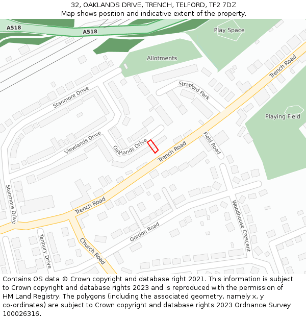 32, OAKLANDS DRIVE, TRENCH, TELFORD, TF2 7DZ: Location map and indicative extent of plot