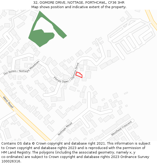 32, OGMORE DRIVE, NOTTAGE, PORTHCAWL, CF36 3HR: Location map and indicative extent of plot