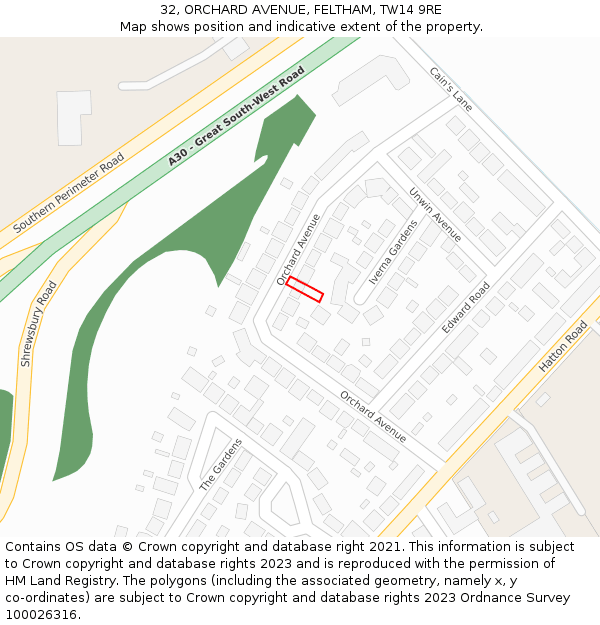 32, ORCHARD AVENUE, FELTHAM, TW14 9RE: Location map and indicative extent of plot