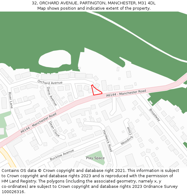 32, ORCHARD AVENUE, PARTINGTON, MANCHESTER, M31 4DL: Location map and indicative extent of plot