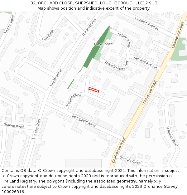 32, ORCHARD CLOSE, SHEPSHED, LOUGHBOROUGH, LE12 9UB: Location map and indicative extent of plot