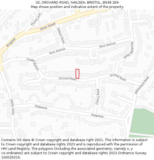 32, ORCHARD ROAD, NAILSEA, BRISTOL, BS48 2EA: Location map and indicative extent of plot