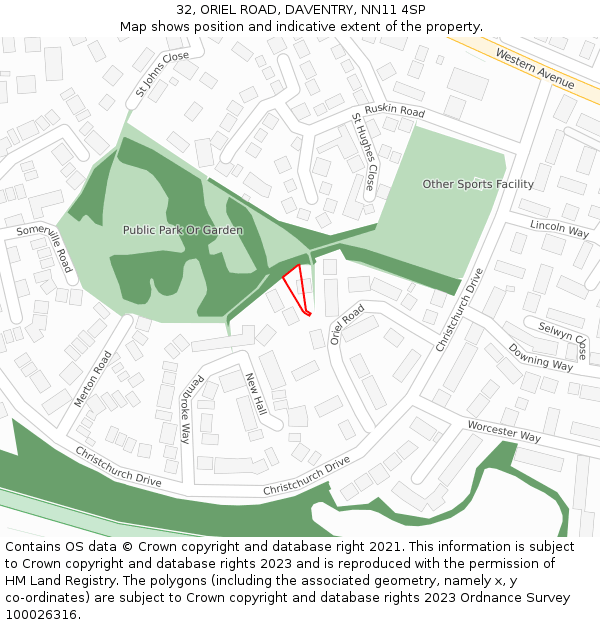 32, ORIEL ROAD, DAVENTRY, NN11 4SP: Location map and indicative extent of plot