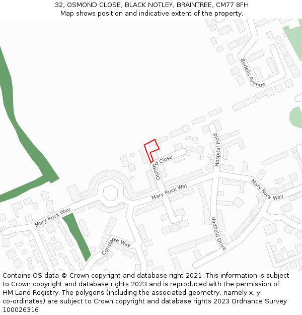 32, OSMOND CLOSE, BLACK NOTLEY, BRAINTREE, CM77 8FH: Location map and indicative extent of plot