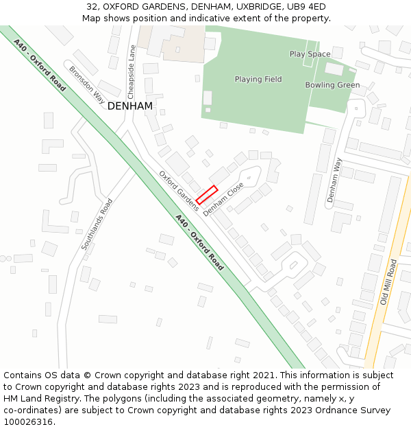 32, OXFORD GARDENS, DENHAM, UXBRIDGE, UB9 4ED: Location map and indicative extent of plot