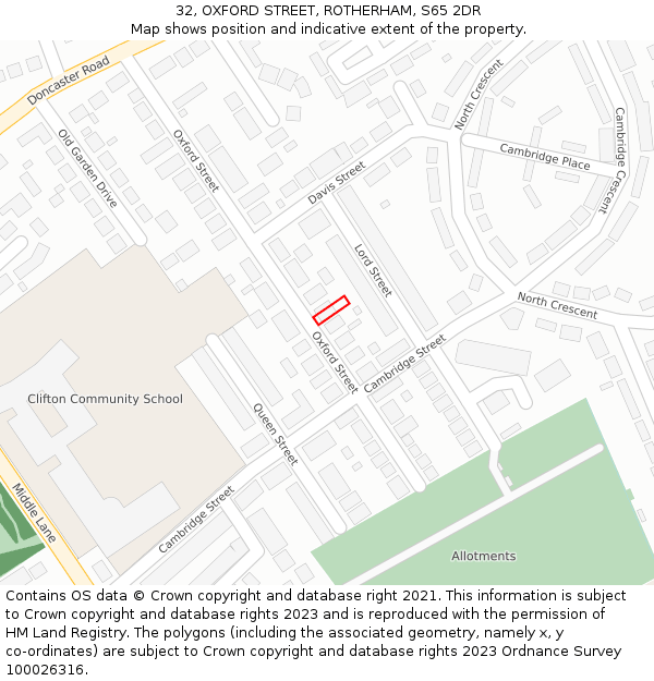 32, OXFORD STREET, ROTHERHAM, S65 2DR: Location map and indicative extent of plot