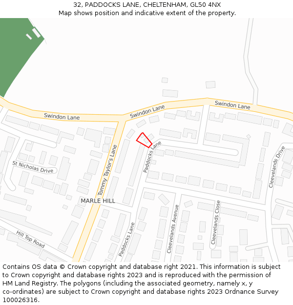 32, PADDOCKS LANE, CHELTENHAM, GL50 4NX: Location map and indicative extent of plot