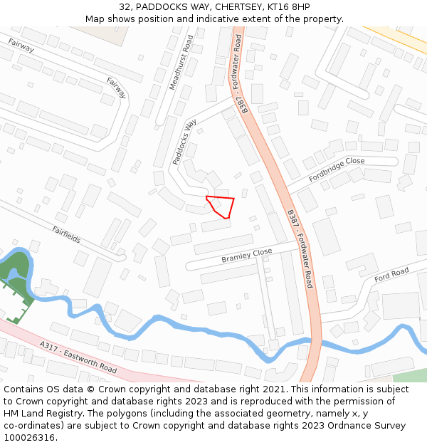 32, PADDOCKS WAY, CHERTSEY, KT16 8HP: Location map and indicative extent of plot