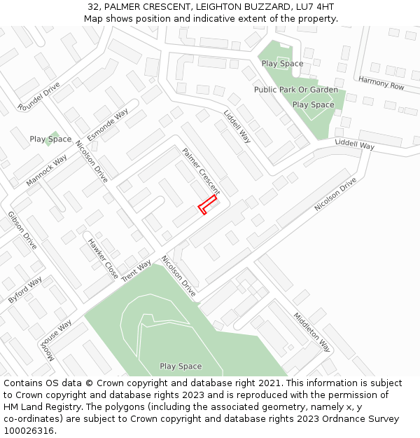 32, PALMER CRESCENT, LEIGHTON BUZZARD, LU7 4HT: Location map and indicative extent of plot