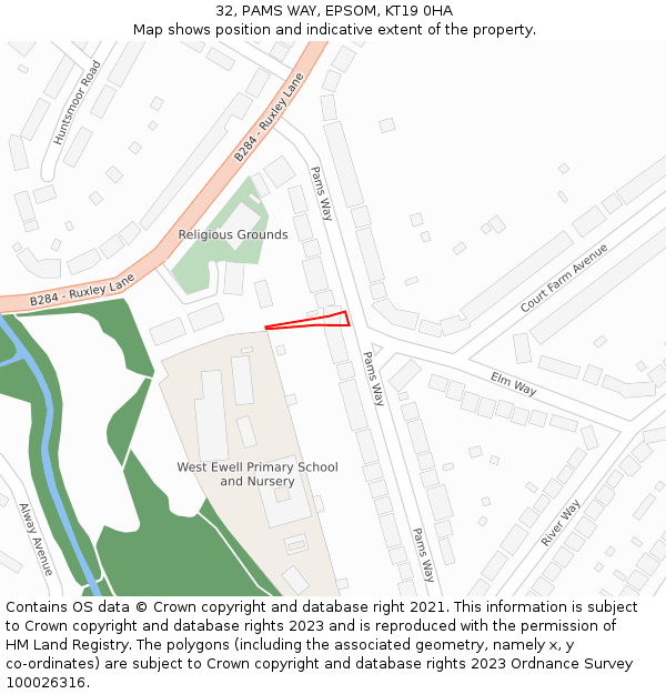 32, PAMS WAY, EPSOM, KT19 0HA: Location map and indicative extent of plot