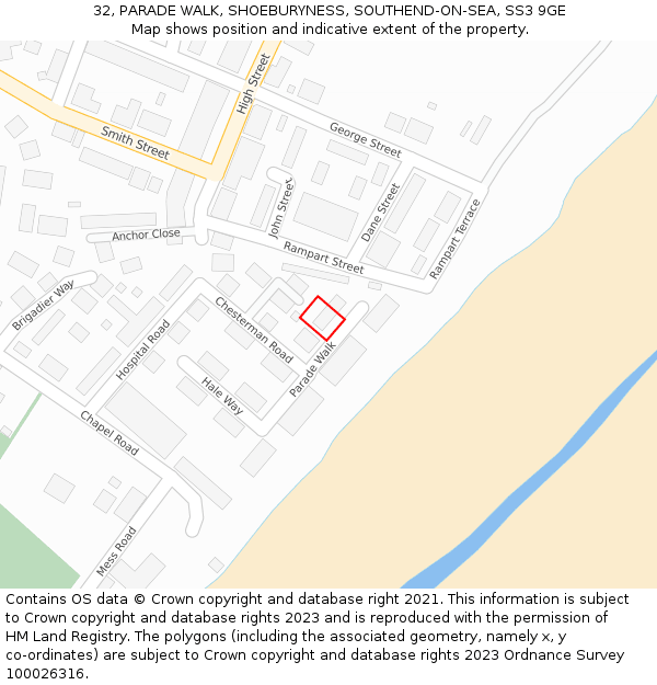 32, PARADE WALK, SHOEBURYNESS, SOUTHEND-ON-SEA, SS3 9GE: Location map and indicative extent of plot