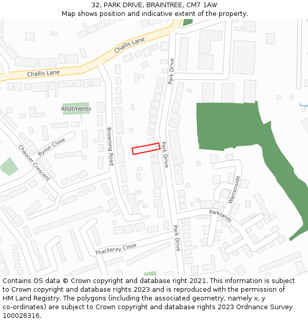 32, PARK DRIVE, BRAINTREE, CM7 1AW: Location map and indicative extent of plot