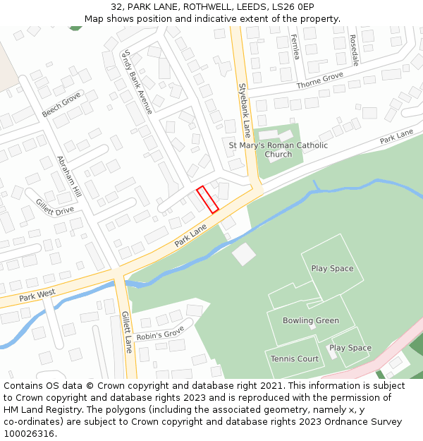 32, PARK LANE, ROTHWELL, LEEDS, LS26 0EP: Location map and indicative extent of plot