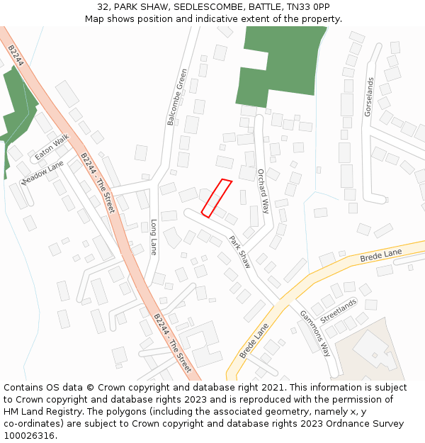 32, PARK SHAW, SEDLESCOMBE, BATTLE, TN33 0PP: Location map and indicative extent of plot