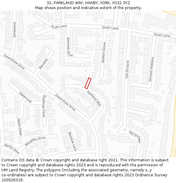 32, PARKLAND WAY, HAXBY, YORK, YO32 3YZ: Location map and indicative extent of plot