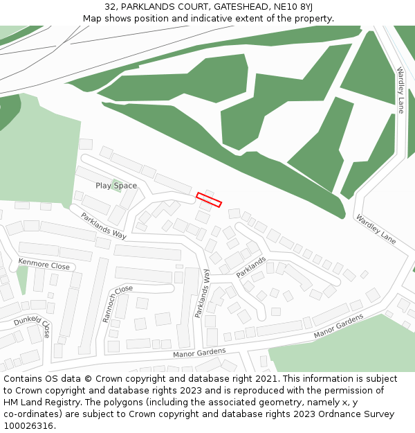 32, PARKLANDS COURT, GATESHEAD, NE10 8YJ: Location map and indicative extent of plot