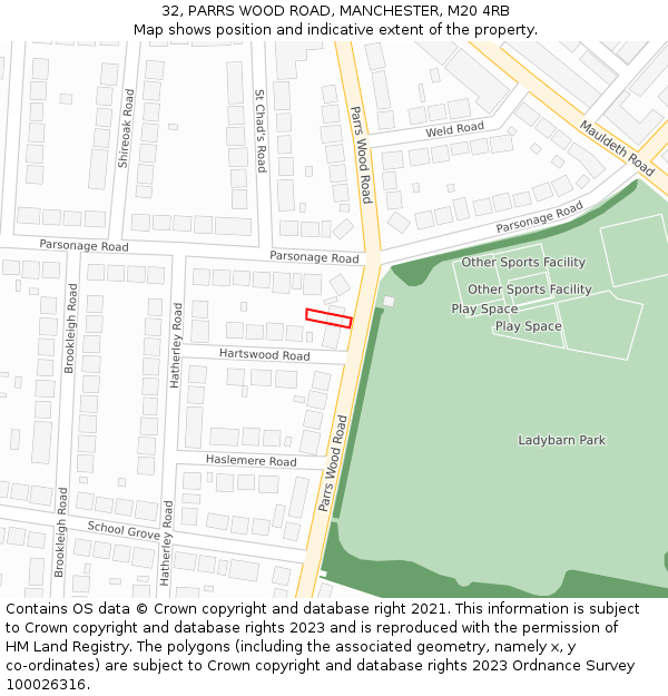 32, PARRS WOOD ROAD, MANCHESTER, M20 4RB: Location map and indicative extent of plot