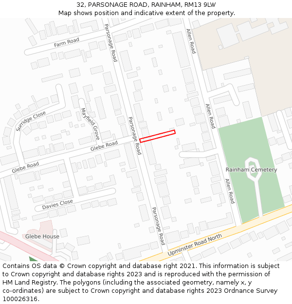 32, PARSONAGE ROAD, RAINHAM, RM13 9LW: Location map and indicative extent of plot