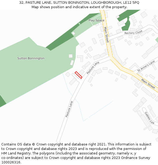 32, PASTURE LANE, SUTTON BONINGTON, LOUGHBOROUGH, LE12 5PQ: Location map and indicative extent of plot