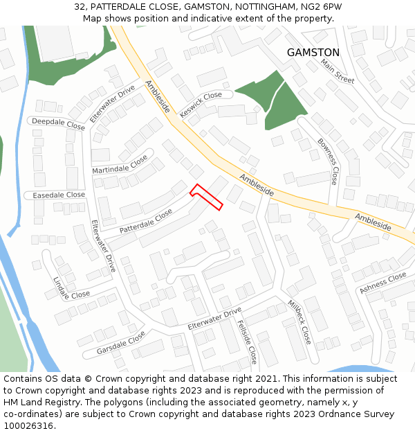 32, PATTERDALE CLOSE, GAMSTON, NOTTINGHAM, NG2 6PW: Location map and indicative extent of plot